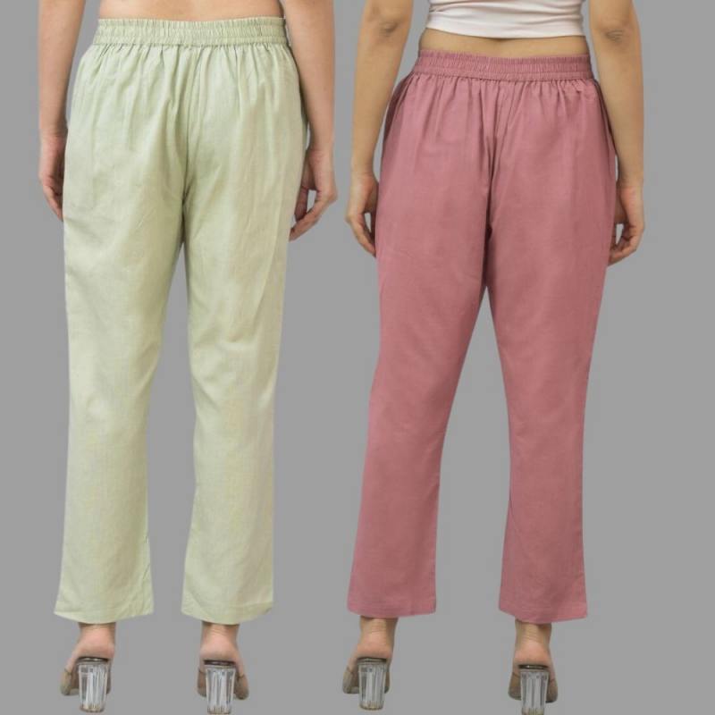 Combo of 2 Mint Green and Pink Cotton Flax Women Trouser Pants-11349
