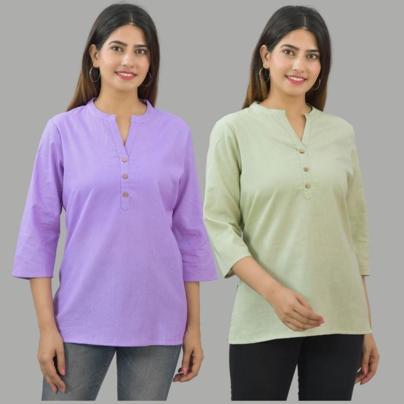 Combo of 2 Mint Green and Purple Cotton Flax Women Top-10693