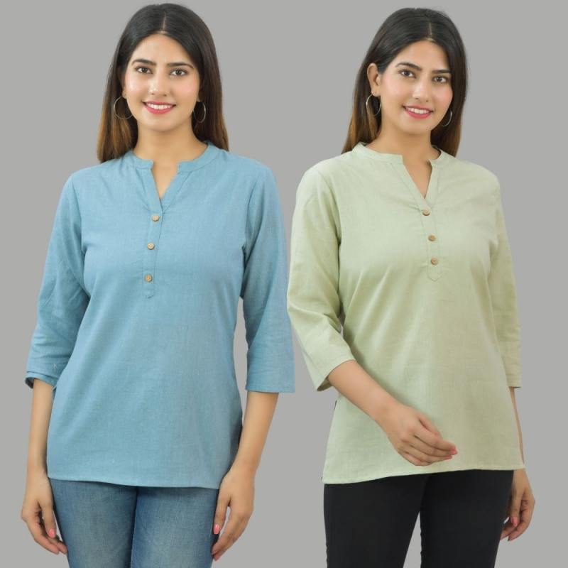 Combo of 2 Mint Green and Sky Blue Cotton Flax Women Top-10686
