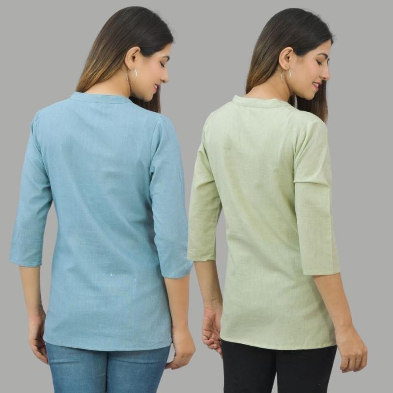 Combo of 2 Mint Green and Sky Blue Cotton Flax Women Top-10686