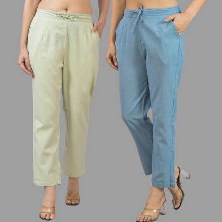 Combo of 2 Mint Green and Sky Blue Cotton Flax Women Trouser Pants-11351