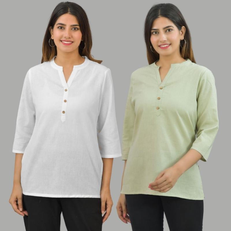 Combo of 2 Mint Green and White Cotton Flax Women Top-10681