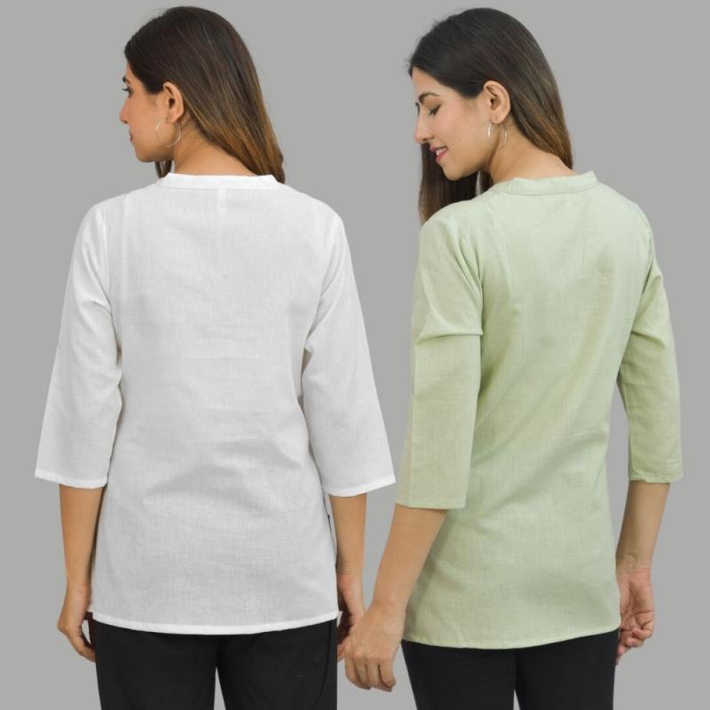 Combo of 2 Mint Green and White Cotton Flax Women Top-10681