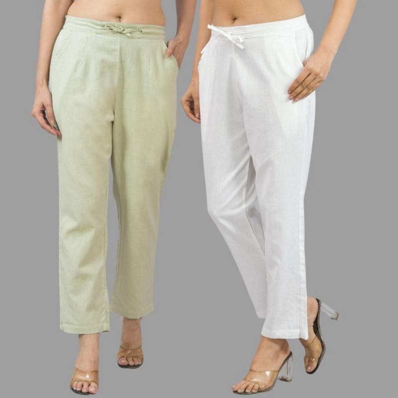 Combo of 2 Mint Green and White Cotton Flax Women Trouser Pants-11353