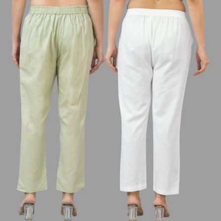 Combo of 2 Mint Green and White Cotton Flax Women Trouser Pants-11353
