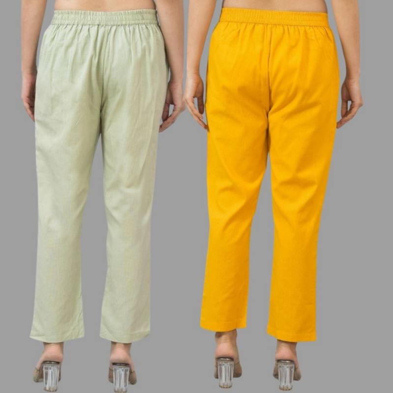 Combo of 2 Mint Green and Yellow Cotton Flax Women Trouser Pants-11354