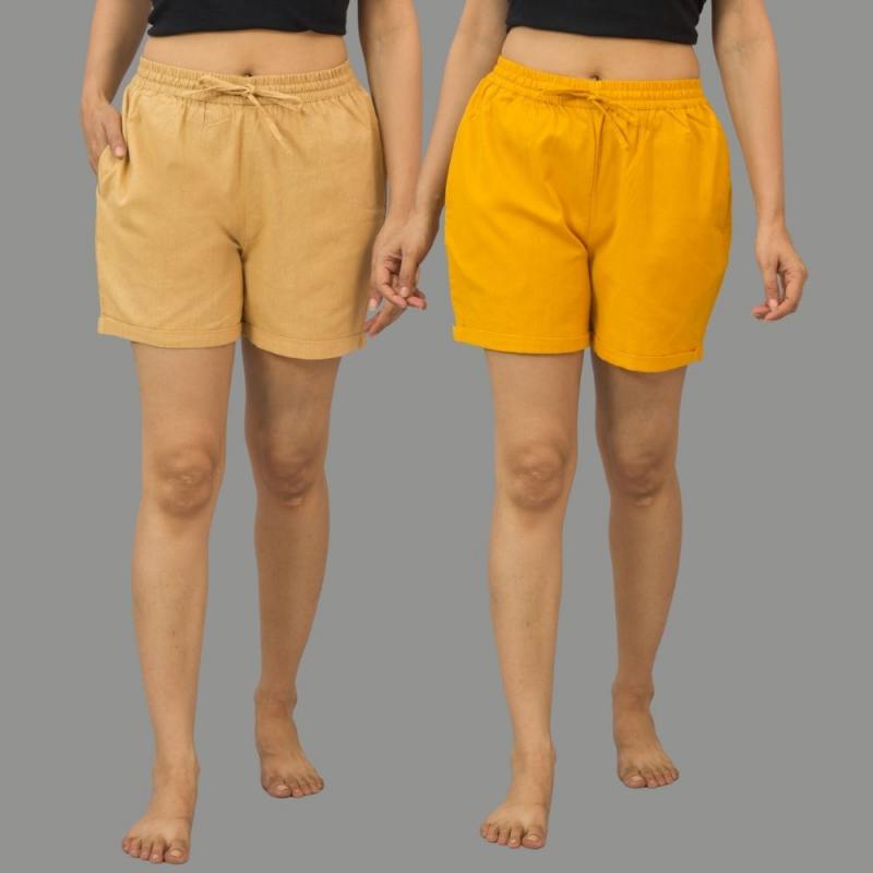 Combo of 2 Mustard Yellow and Beige Cotton Women Shorts-10531
