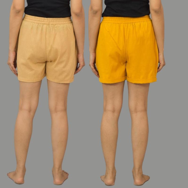 Combo of 2 Mustard Yellow and Beige Cotton Women Shorts-10531