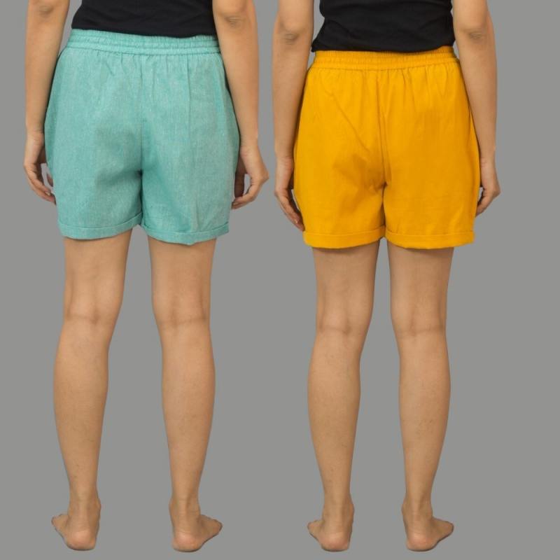 Combo of 2 Mustard Yellow and Cyan Cotton Women Shorts-10552