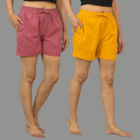 Combo of 2 Mustard Yellow and Dark Pink Cotton Women Shorts-10542