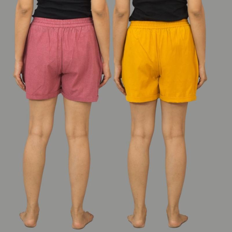 Combo of 2 Mustard Yellow and Dark Pink Cotton Women Shorts-10542