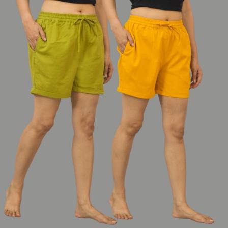 Combo of 2 Mustard Yellow and Green Cotton Women Shorts-10587