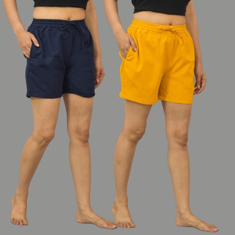 Combo of 2 Mustard Yellow and Navy Blue Cotton Women Shorts-10569