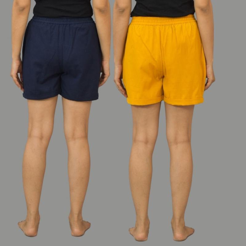 Combo of 2 Mustard Yellow and Navy Blue Cotton Women Shorts-10569