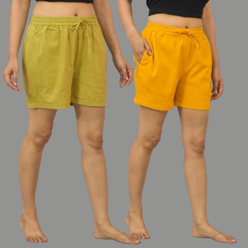 Combo of 2 Mustard Yellow and Olive Green Cotton Women Shorts-10576