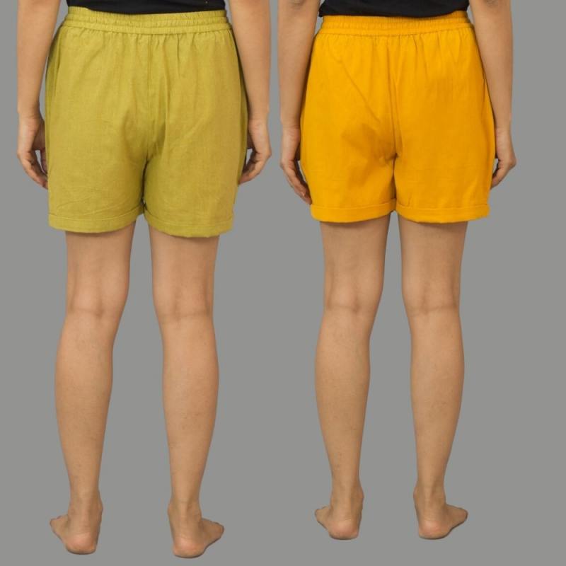 Combo of 2 Mustard Yellow and Olive Green Cotton Women Shorts-10576
