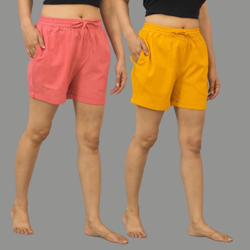 Combo of 2 Mustard Yellow and Peach Cotton Women Shorts-10582