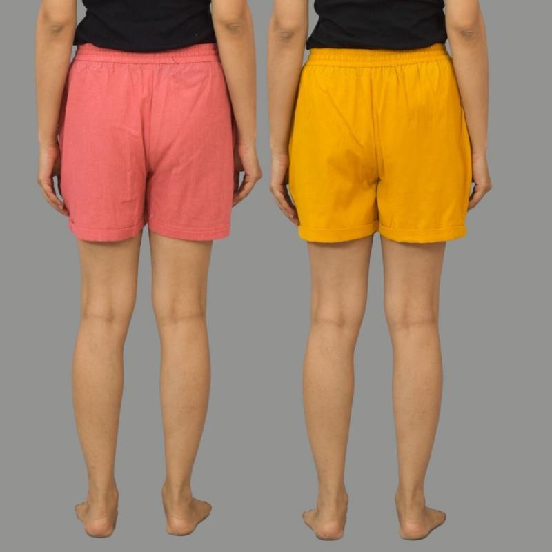 Combo of 2 Mustard Yellow and Peach Cotton Women Shorts-10582