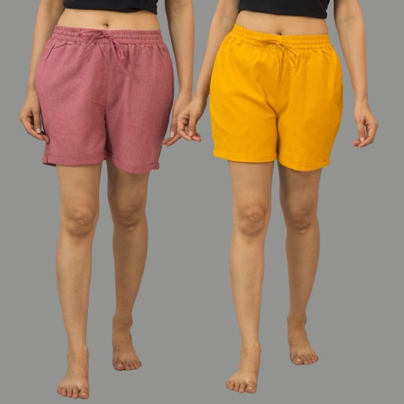 Combo of 2 Mustard Yellow and Pink Cotton Women Shorts-10561