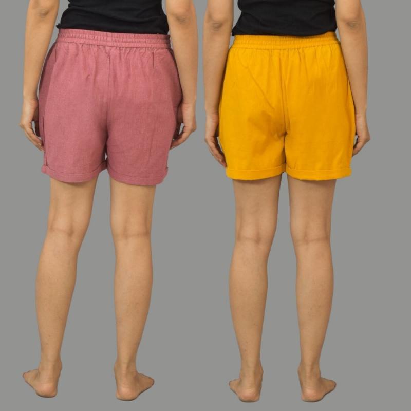 Combo of 2 Mustard Yellow and Pink Cotton Women Shorts-10561