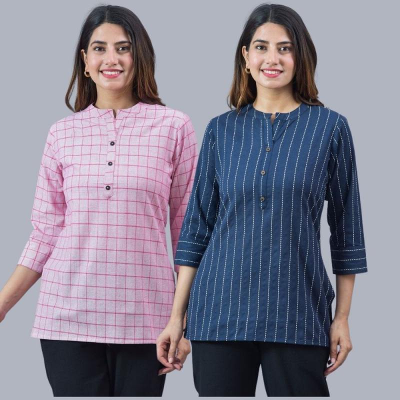 Combo of 2 Navy Blue and Baby Pink Cotton Checks and Stripe Women Top-10471