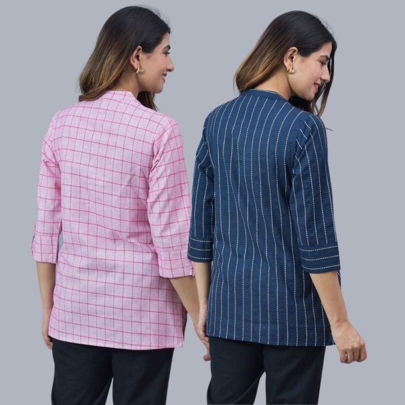 Combo of 2 Navy Blue and Baby Pink Cotton Checks and Stripe Women Top-10471