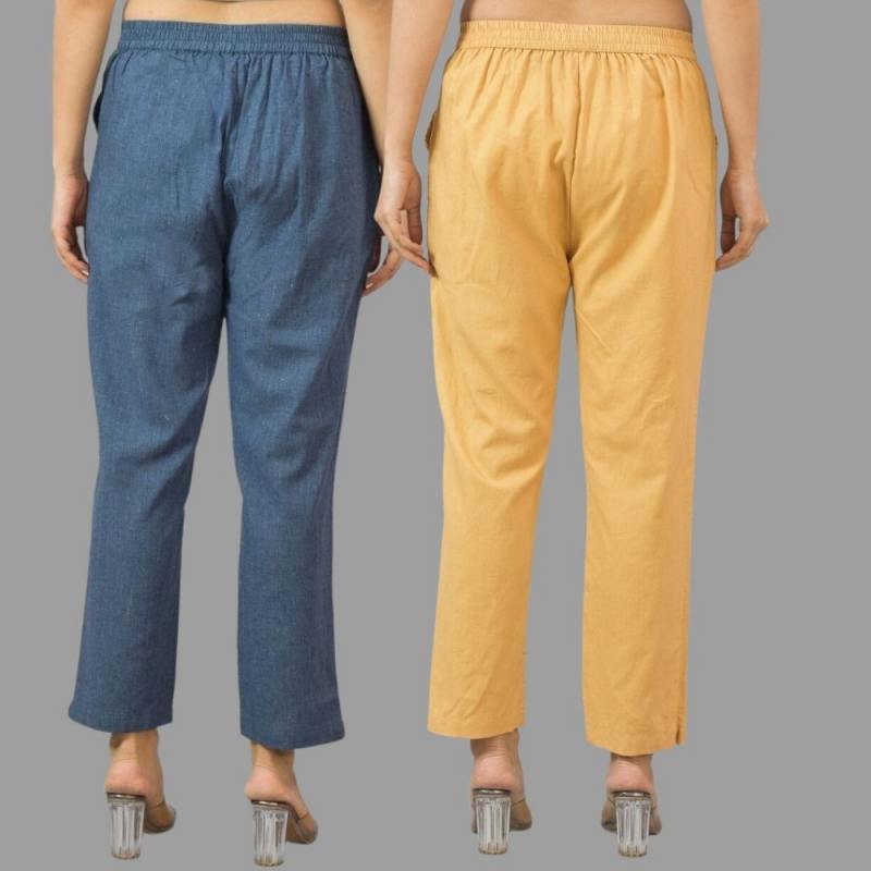 Combo of 2 Navy Blue and Beige Cotton Flax Women Trouser Pants-11430