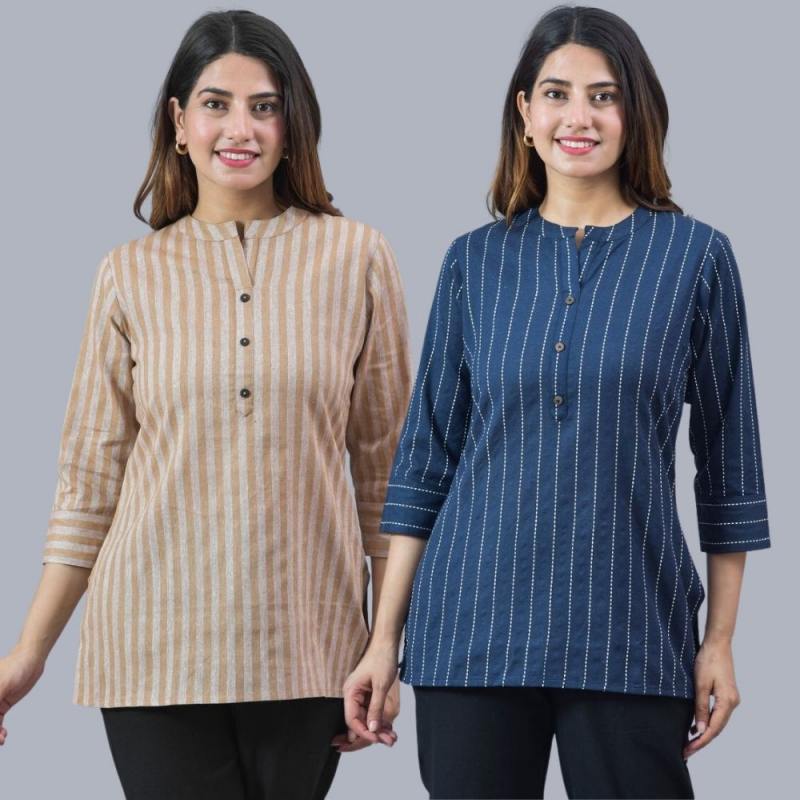 Combo of 2 Navy Blue and Beige Cotton Stripe Women Top-10488
