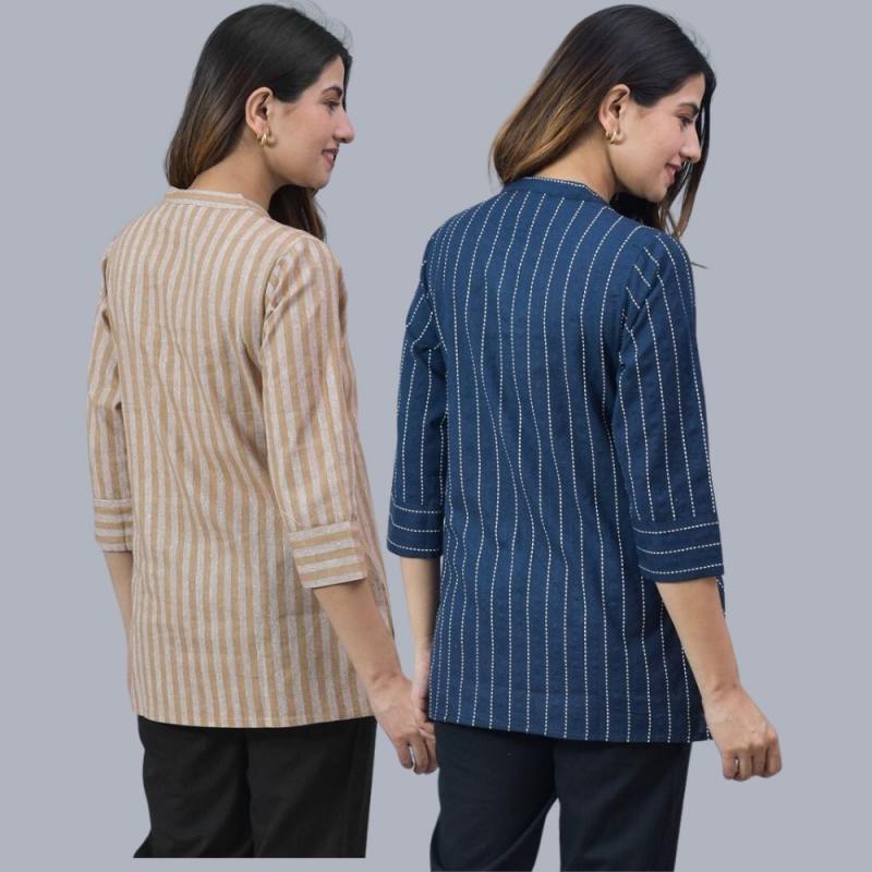Combo of 2 Navy Blue and Beige Cotton Stripe Women Top-10488