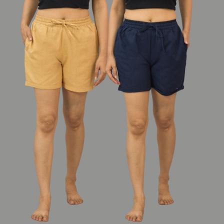 Combo of 2 Navy Blue and Beige Cotton Women Shorts-10527