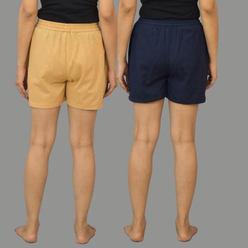 Combo of 2 Navy Blue and Beige Cotton Women Shorts-10527