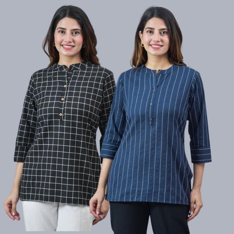 Combo of 2 Navy Blue and Black Cotton Checks and Stripe Women Top-10450