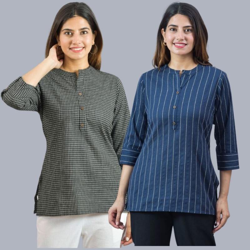 Combo of 2 Navy Blue and Black Cotton Checks and Stripe Women Top-10461