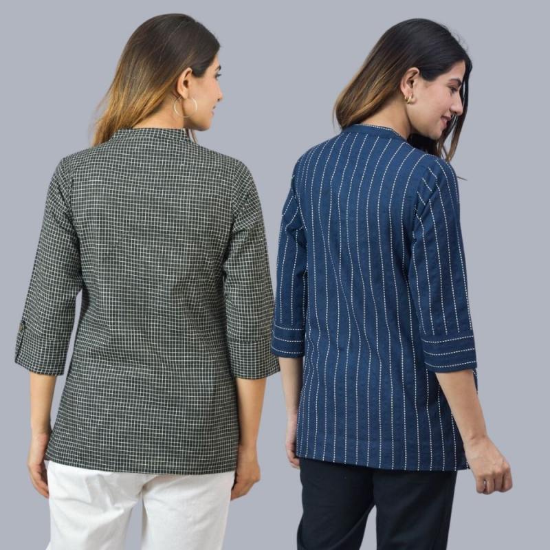 Combo of 2 Navy Blue and Black Cotton Checks and Stripe Women Top-10461