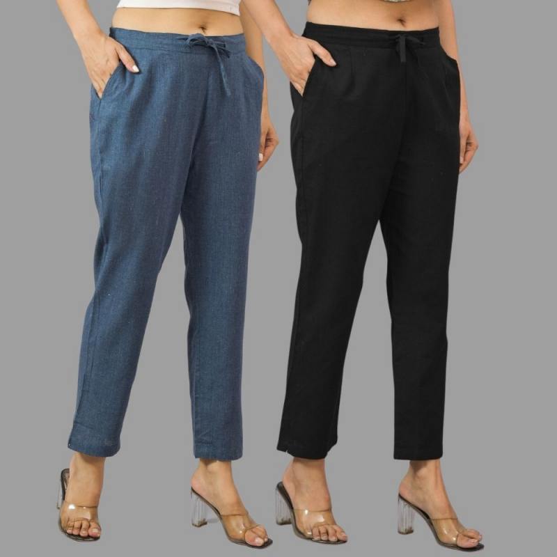 Combo of 2 Navy Blue and Black Cotton Flax Women Trouser Pants-11429