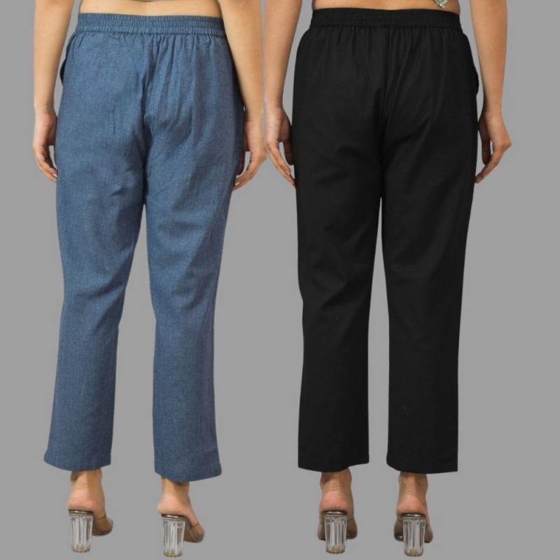 Combo of 2 Navy Blue and Black Cotton Flax Women Trouser Pants-11429