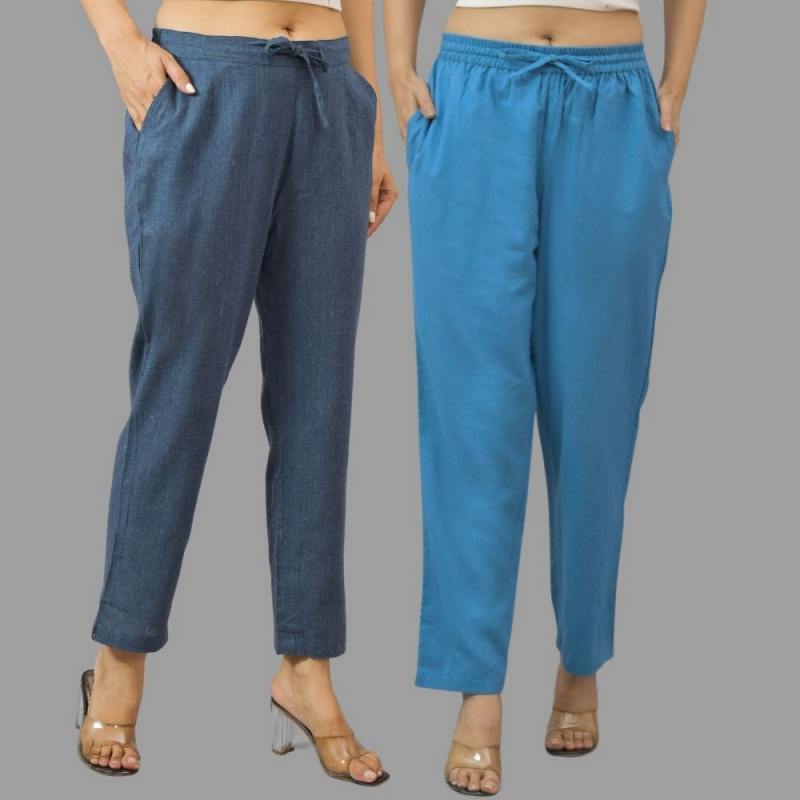 Combo of 2 Navy Blue and Blue Cotton Flax Women Trouser Pants-11442