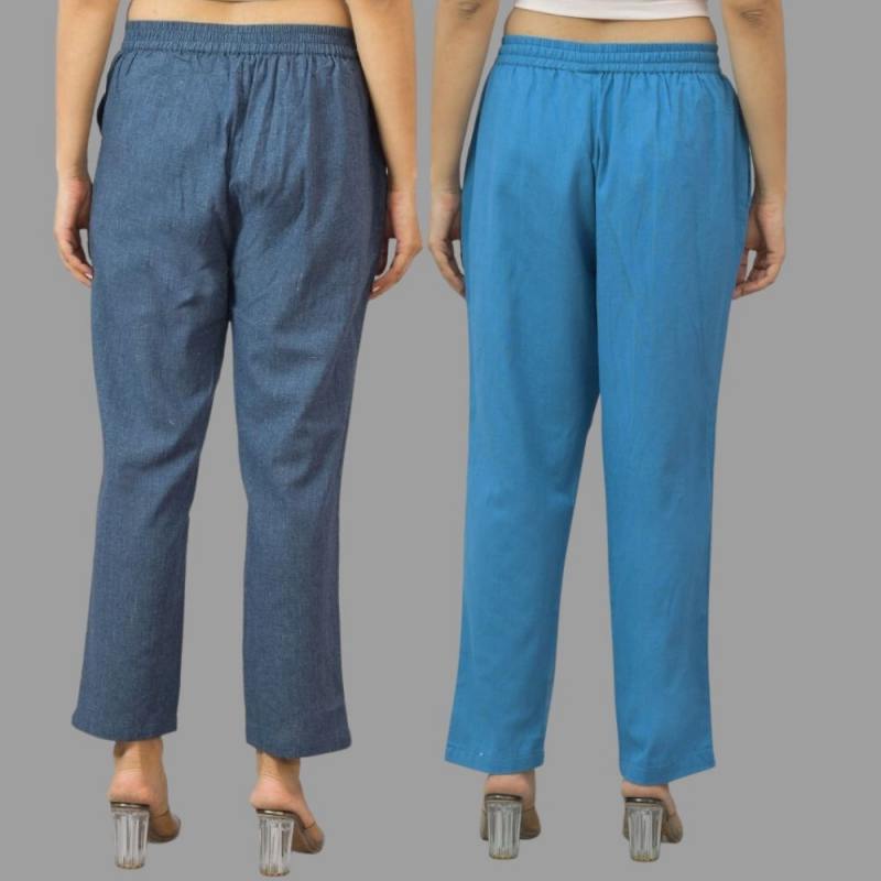 Combo of 2 Navy Blue and Blue Cotton Flax Women Trouser Pants-11442