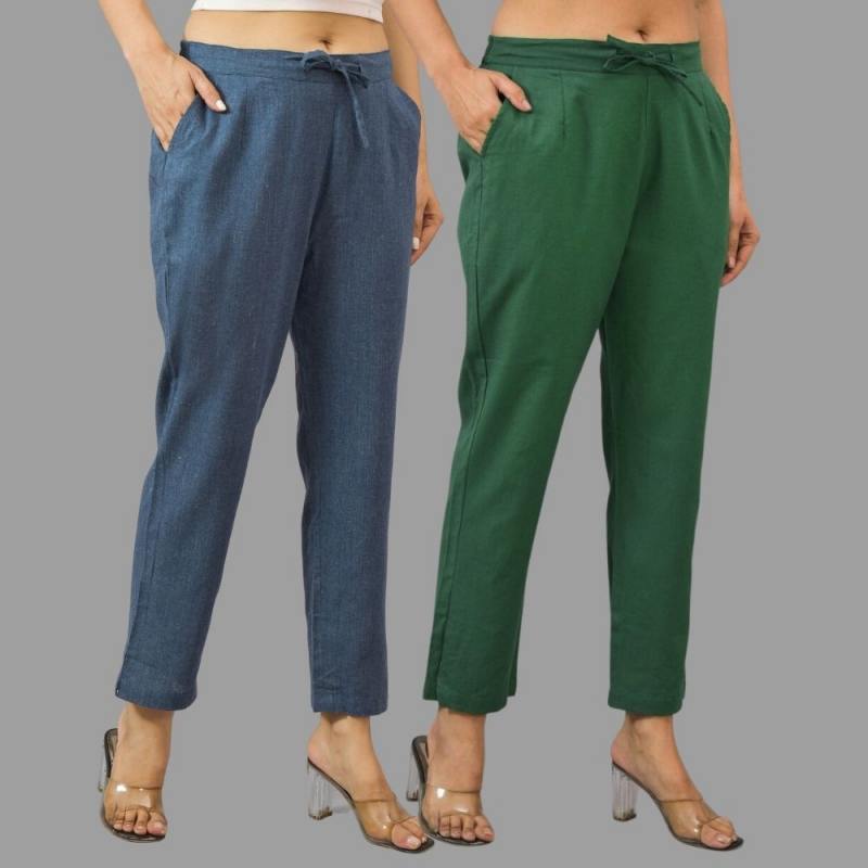 Combo of 2 Navy Blue and Bottle Green Cotton Flax Women Trouser Pants-11431