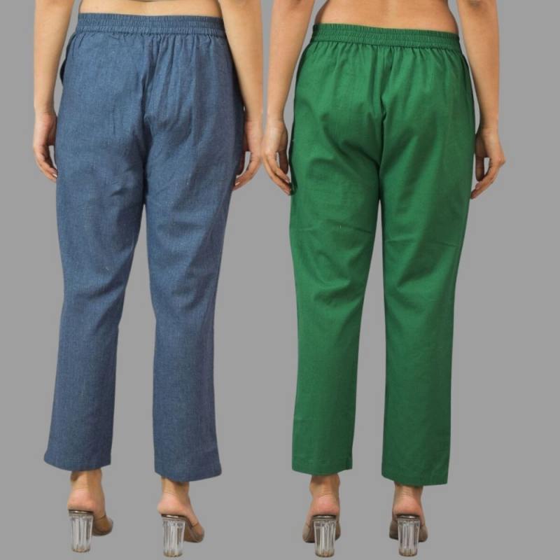 Combo of 2 Navy Blue and Bottle Green Cotton Flax Women Trouser Pants-11431