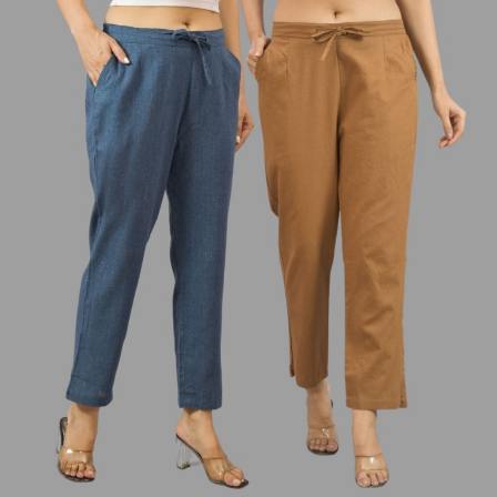 Combo of 2 Navy Blue and Brown Cotton Flax Women Trouser Pants-11432