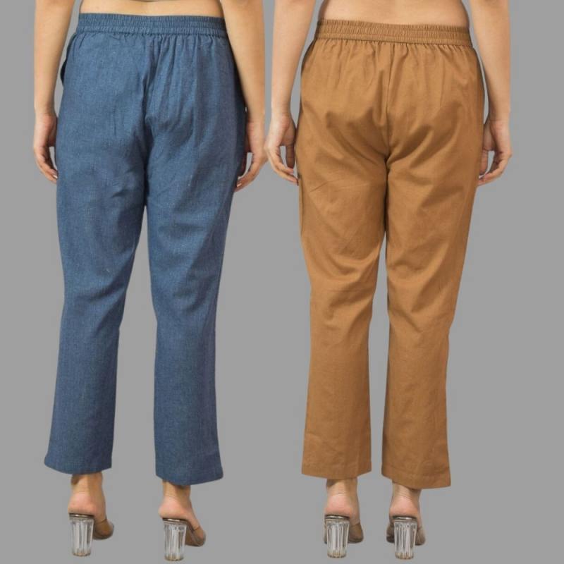 Combo of 2 Navy Blue and Brown Cotton Flax Women Trouser Pants-11432