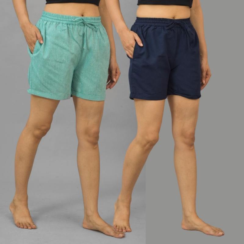 Combo of 2 Navy Blue and Cyan Cotton Women Shorts-10548