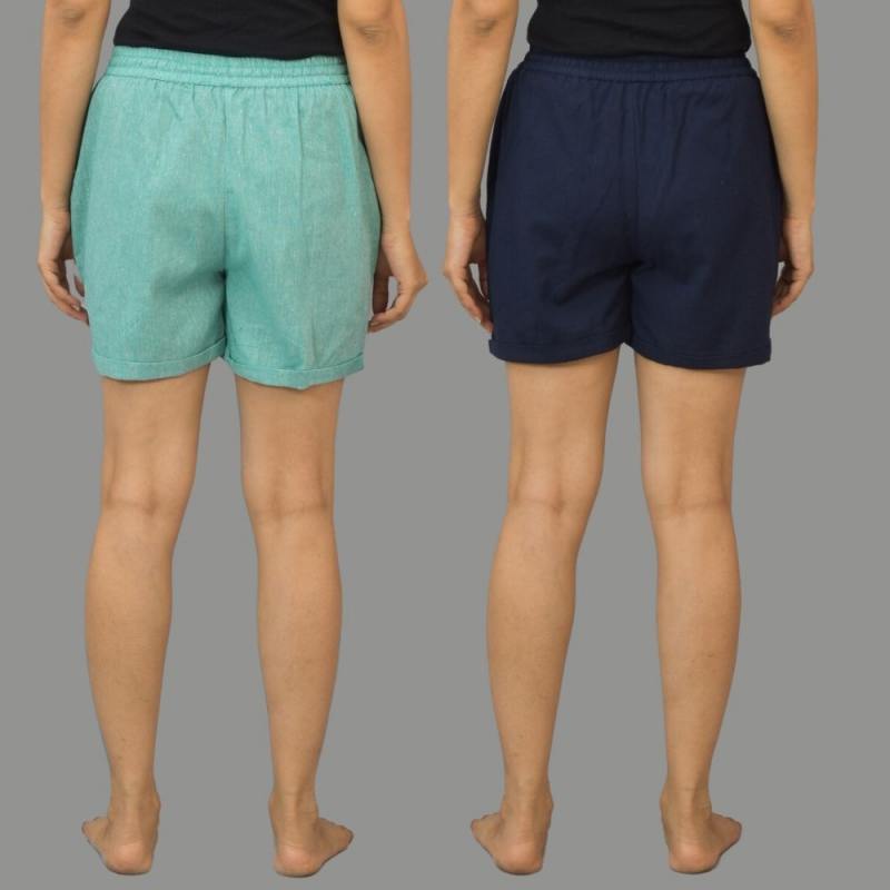 Combo of 2 Navy Blue and Cyan Cotton Women Shorts-10548