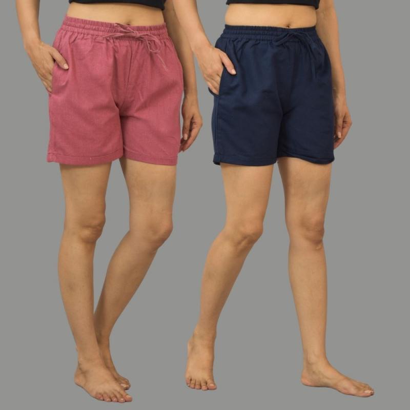 Combo of 2 Navy Blue and Dark Pink Cotton Women Shorts-10538