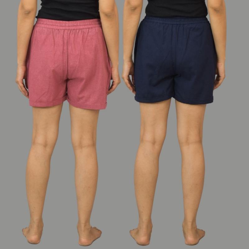 Combo of 2 Navy Blue and Dark Pink Cotton Women Shorts-10538