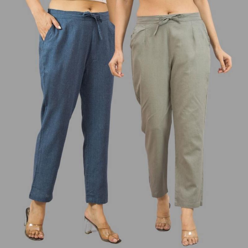 Combo of 2 Navy Blue and Gray Cotton Flax Women Trouser Pants-11434