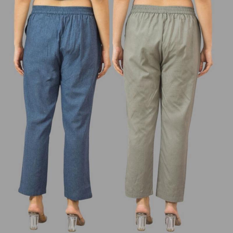 Combo of 2 Navy Blue and Gray Cotton Flax Women Trouser Pants-11434
