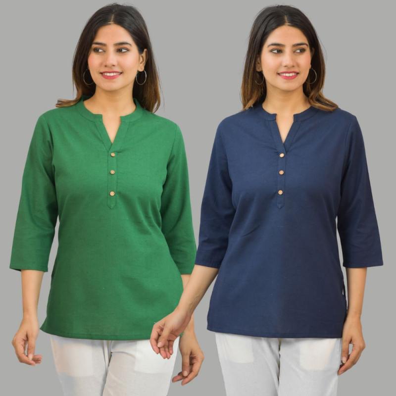 Combo of 2 Navy Blue and Green Cotton Flax Women Top-10410