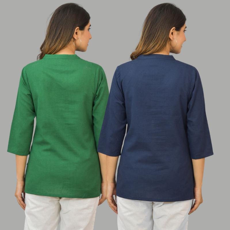 Combo of 2 Navy Blue and Green Cotton Flax Women Top-10410